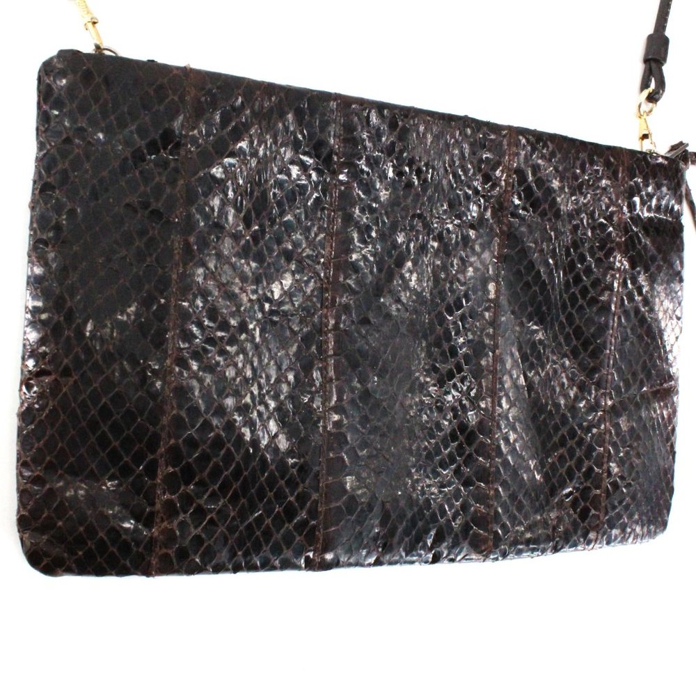 VTG 70s Genuine Snakeskin Purse Convertible Strap Clutch Dark Brown Shoulder Bag - Picture 4 of 14